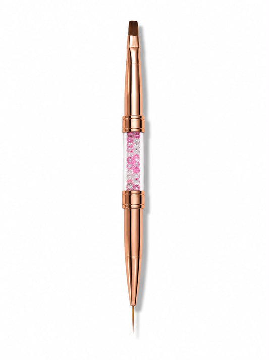 Pensula profesionala dubla pentru unghii, marca Cosmeticos, cu maner Rose Gold si cristale roz. Include un capat subtire Liner de 9mm pentru pictura si un capat plat Drept pentru constructie cu gel sau acril.