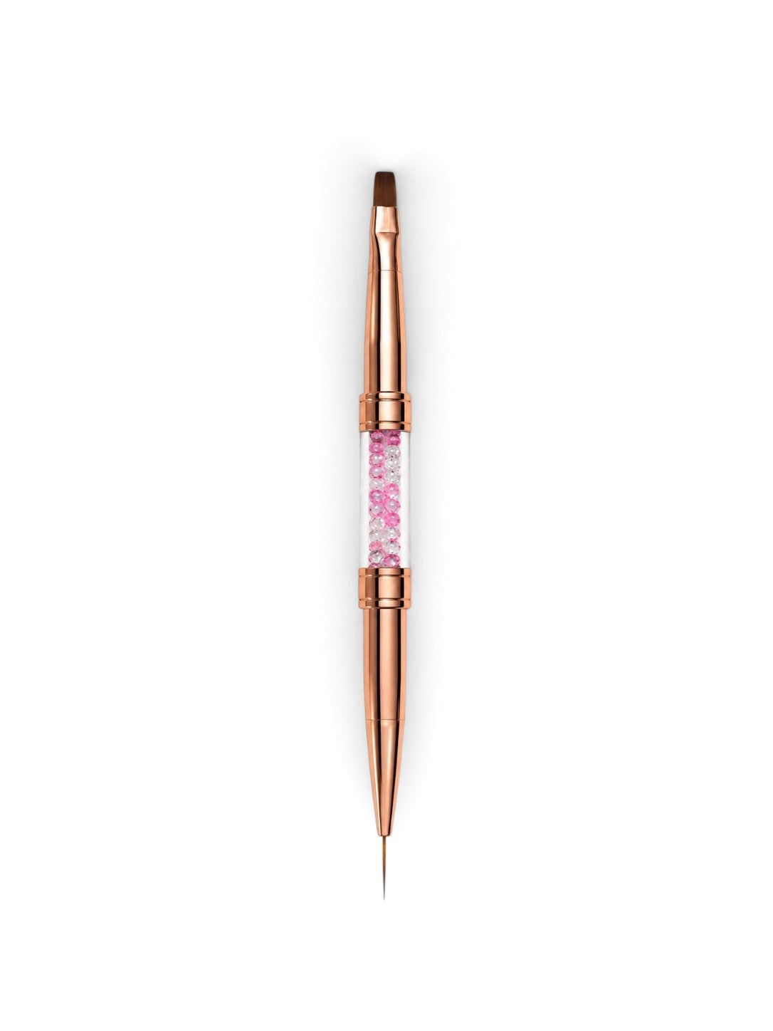Pensula profesionala dubla pentru unghii, marca Cosmeticos, cu maner Rose Gold si cristale roz. Include un capat subtire Liner de 9mm pentru pictura si un capat plat Drept pentru constructie cu gel sau acril.