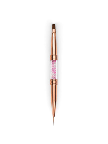 Pensula profesionala dubla pentru unghii, marca Cosmeticos, cu maner Rose Gold si cristale roz. Include un capat subtire Liner de 9mm pentru pictura si un capat plat Drept pentru constructie cu gel sau acril.