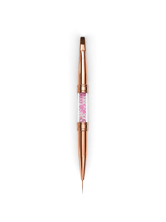 Pensula profesionala dubla pentru unghii, marca Cosmeticos, cu maner Rose Gold si cristale roz. Include un capat subtire Liner de 9mm pentru pictura si un capat plat Drept pentru constructie cu gel sau acril.