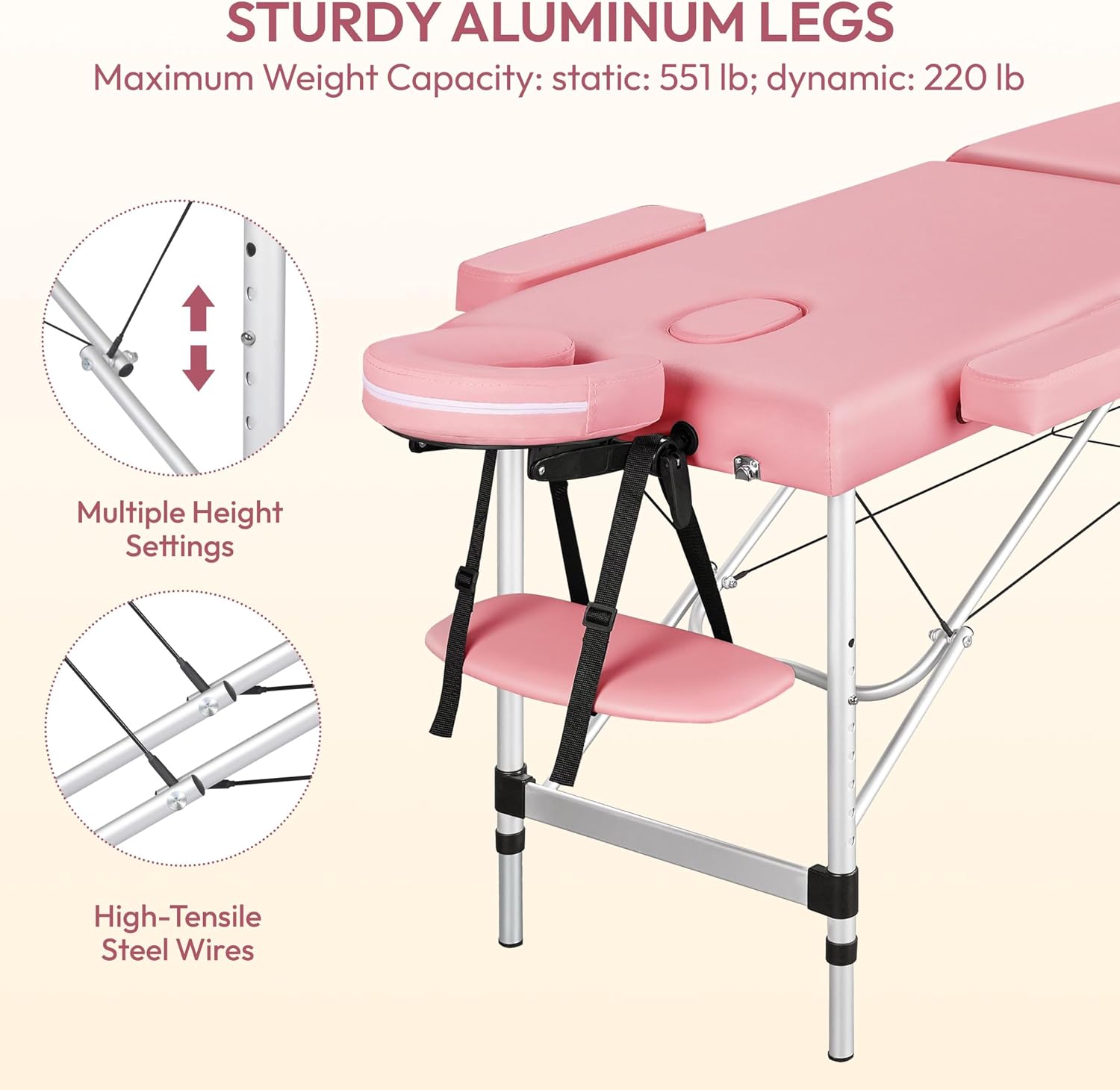 Infografic cu structura picioarelor din aluminiu stabil ale patului de masaj roz, sistemul de siguranta pe cabluri de otel si dopurile antiderapante.