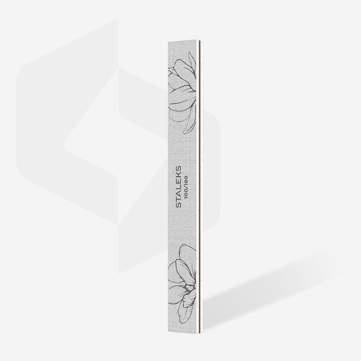 Pilă dreaptă albă STALEKS EXPERT 20, granulație 100/180 pentru unghii naturale și artificiale, cu desen floral, prezentată integral pe fundal deschis.
