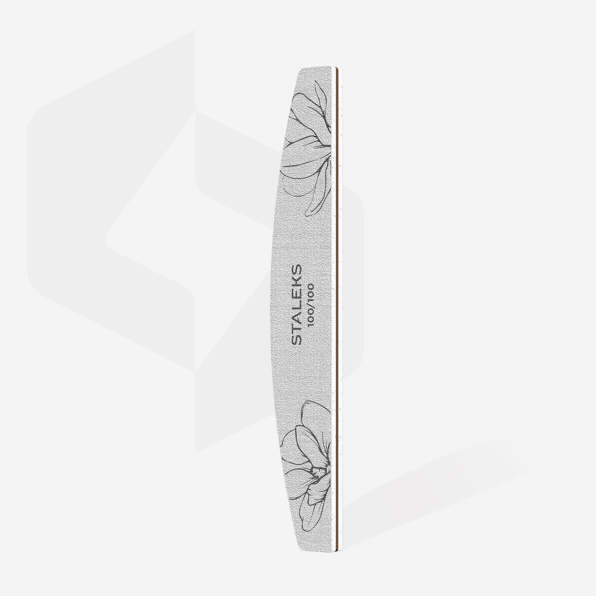Pilă minerală albă STALEKS EXPERT 40, granulație 100/100 pentru unghii artificiale, cu formă semilună și desen floral, prezentată integral pe fundal deschis.