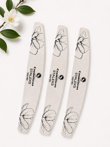 Pilă profesională Cosmeticos x Staleks, semilună, gri, granulație 100/180, potrivită pentru modelarea unghiilor tehnice și naturale, decor floral