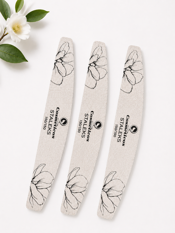 Pilă unghii Cosmeticos | Staleks, formă semilună, culoare gri, granulație 150/150, pentru conturare și finisare precisă, decor floral