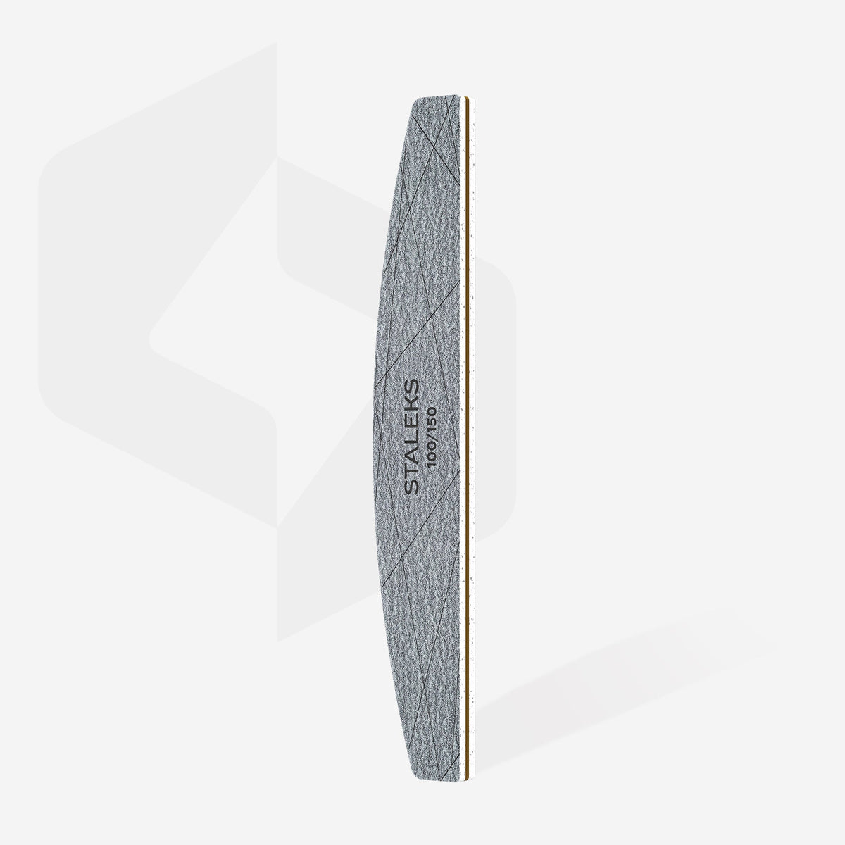 Pilă minerală gri STALEKS SMART 40, granulație 100/150 pentru unghii artificiale, cu latură dreaptă și curbată, prezentată integral pe fundal deschis.