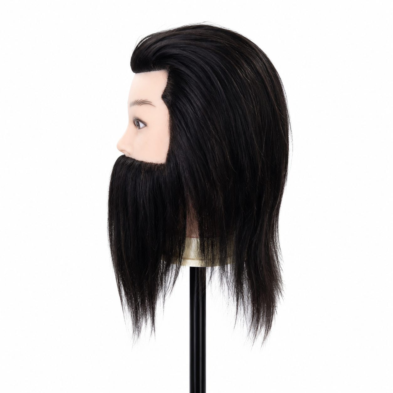Vedere laterala a capului de practica pentru barbering cu par uman si barba lunga, evidentiind lungimea parului si forma naturala a barbii.
