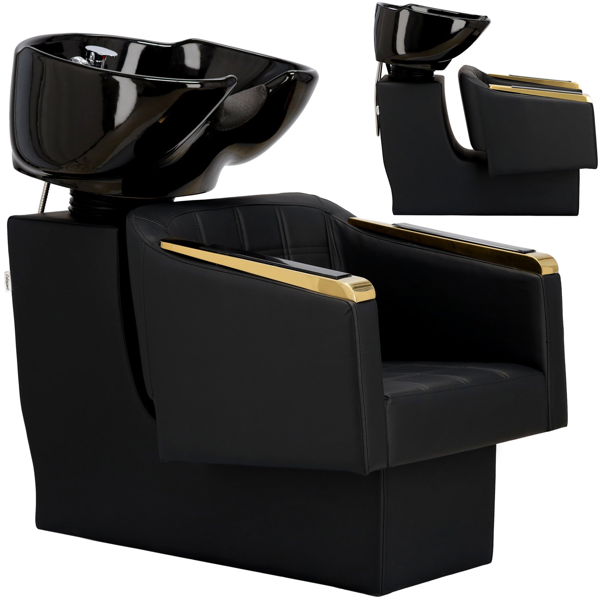 Vedere din unghi trei sferturi a scafei de coafor Pikos Negru, evidentiind cotierele elegante cu insertii si accente aurii.