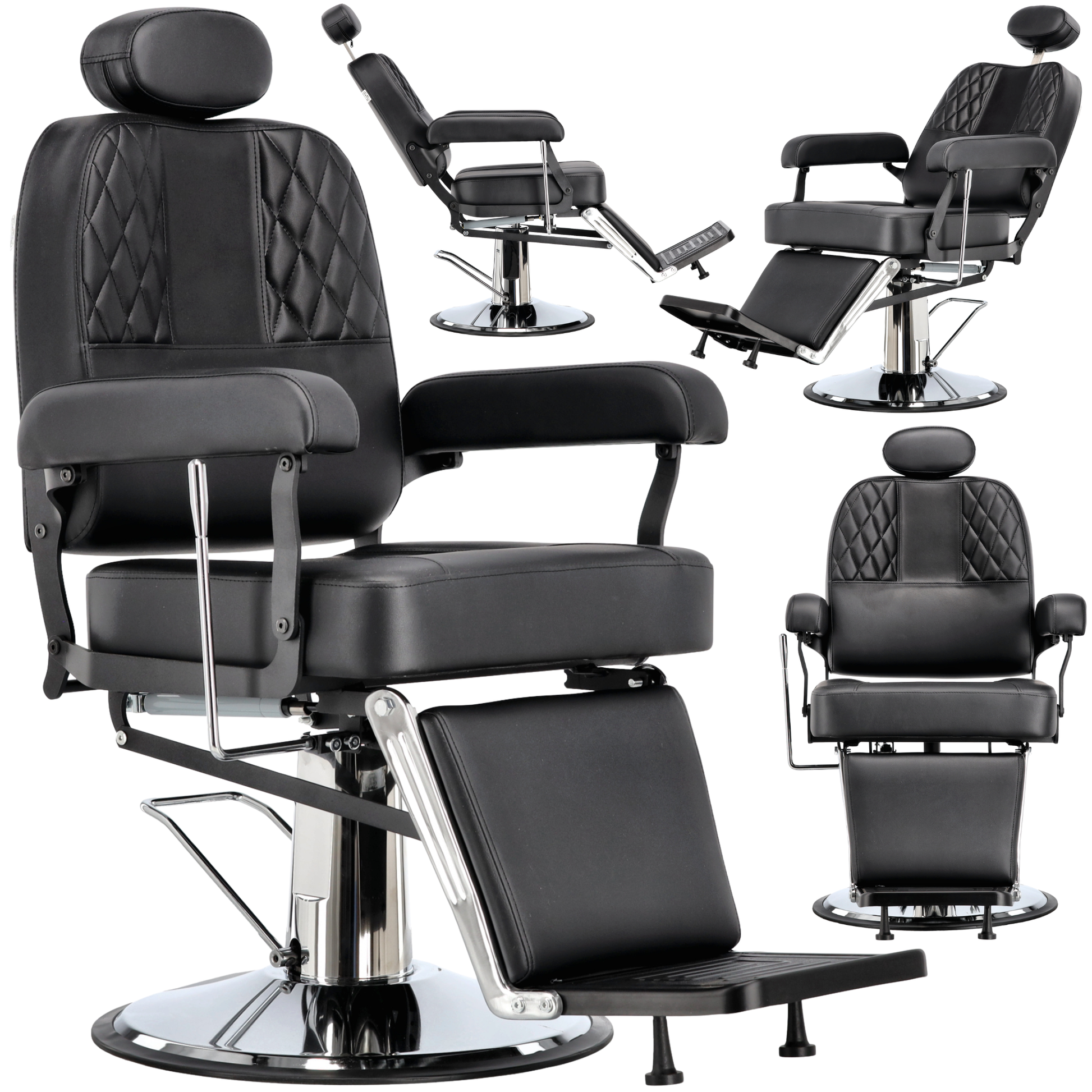 Colaj de prezentare pentru scaunul profesional de barber si frizerie model Nestor, culoare negru cu picior si finisaje cromate argintii.