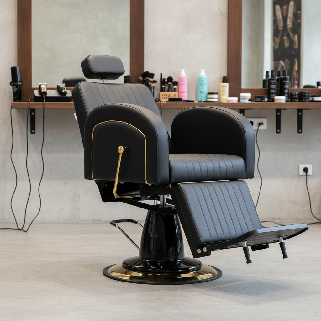 Scaunul profesional pentru frizerie Landon BarberKing amplasat intr-un decor modern de salon de barbering.
