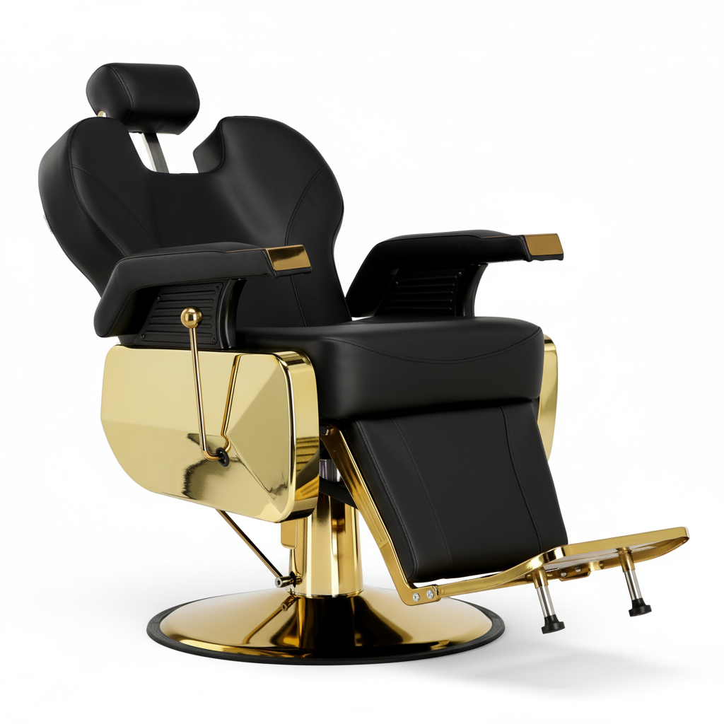 Scaun barber profesional Richard Gold vedere laterală cu suport pentru picioare și design luxury