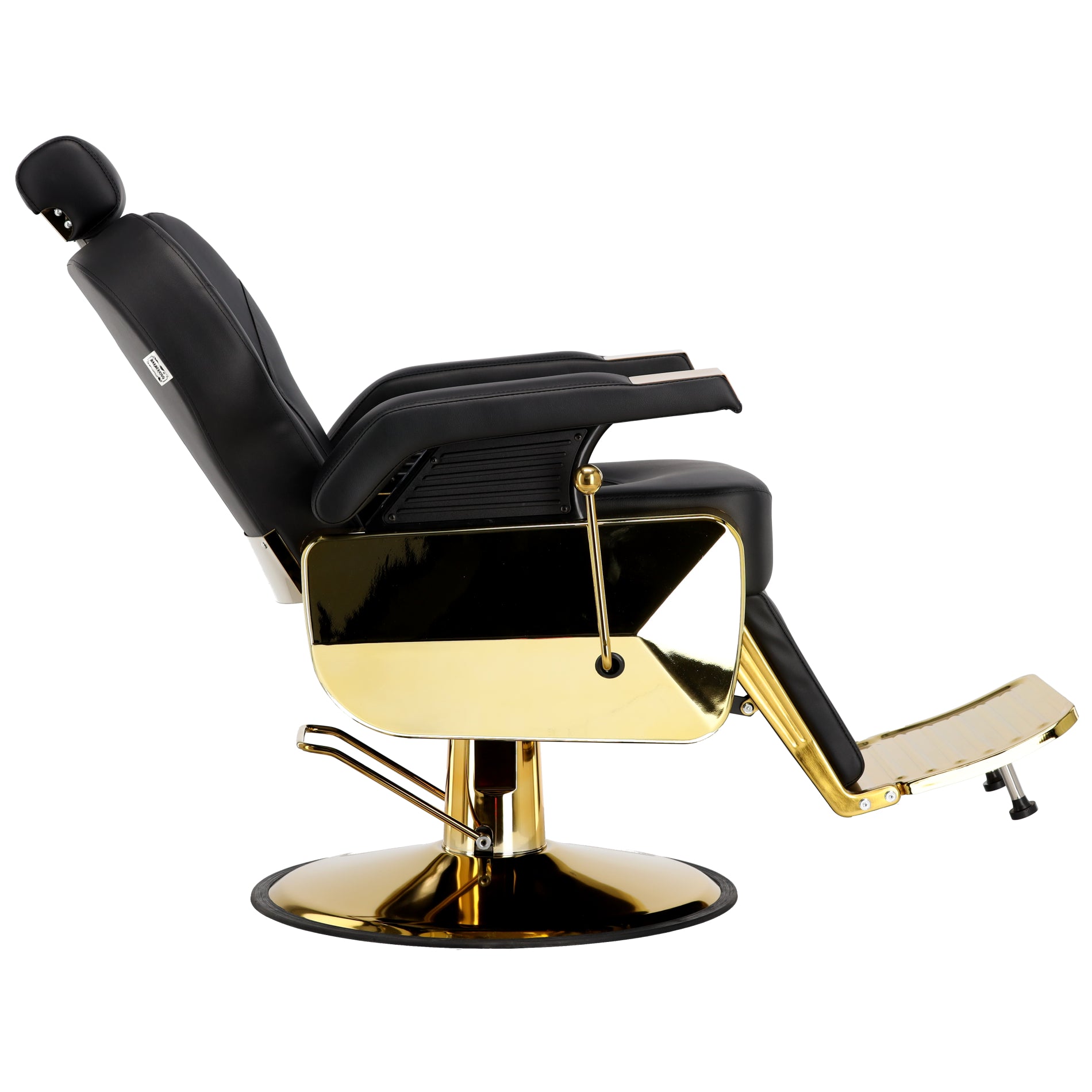 Scaun barber Richard Gold în poziție înclinată pentru confort maxim în barber shop și salon modern