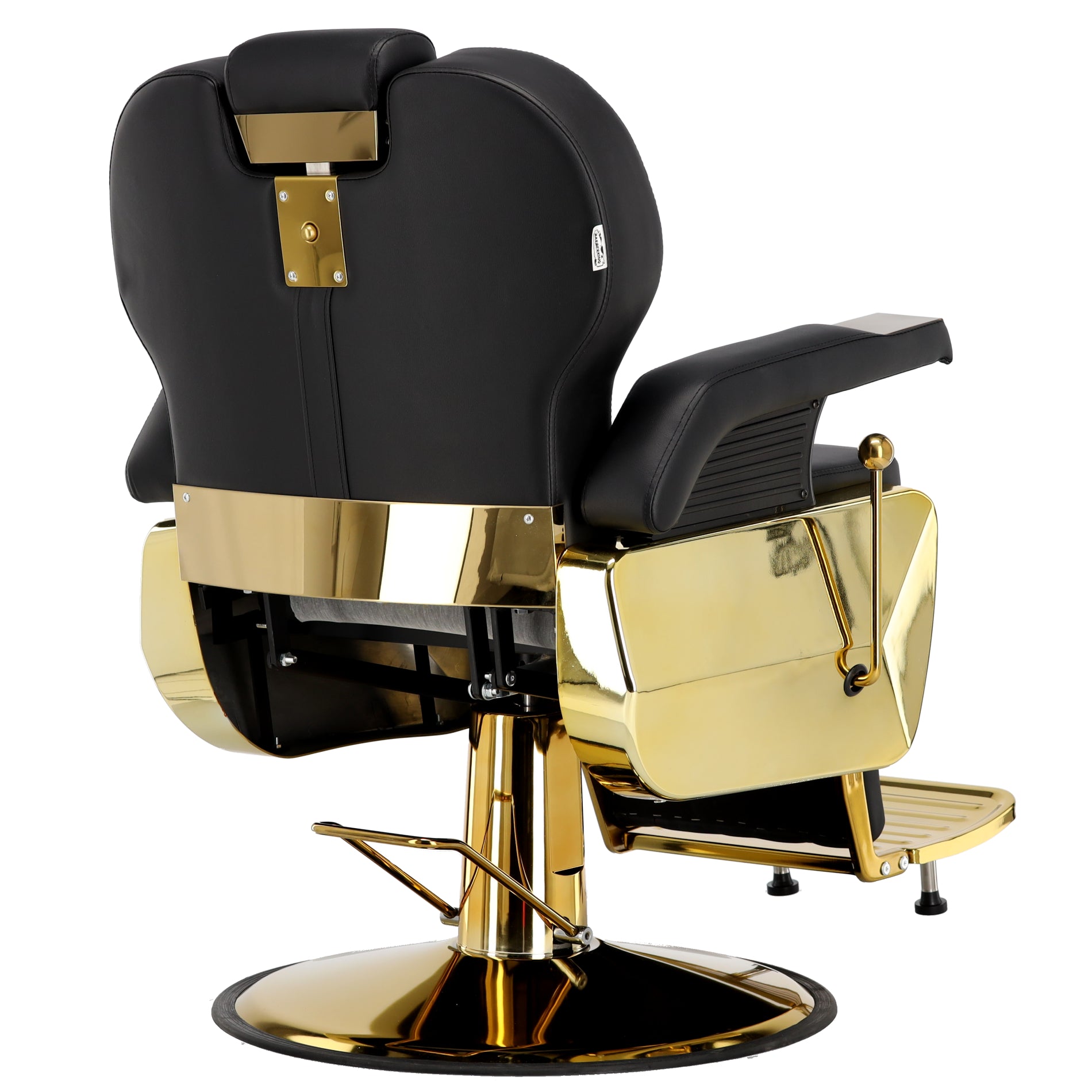 Scaun barber profesional Richard Gold vedere din spate cu tetieră reglabilă și finisaje premium