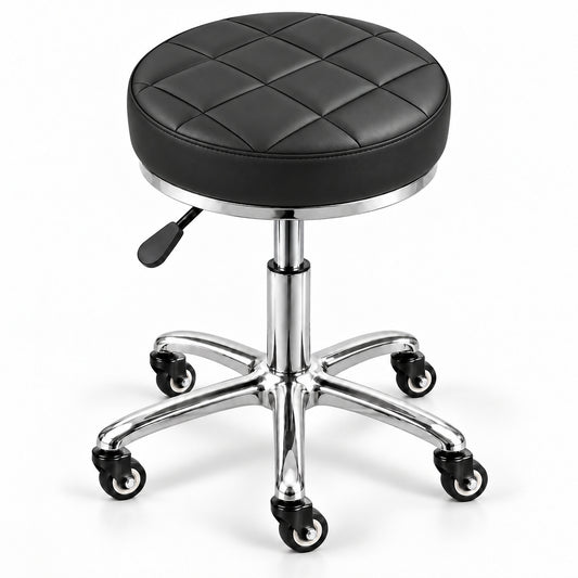 Scaun cosmetică DIVA Platinum negru, cu șezut rotund capitonat în pătrățele, bază argintie cromată, cinci roți și manetă laterală neagră, pe fundal alb.