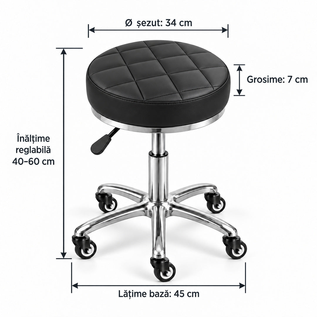 Dimensiuni scaun cosmetică DIVA Platinum: înălțime reglabilă 40–60 cm, diametru șezut 34 cm, grosime șezut 7 cm și lățime bază 45 cm.