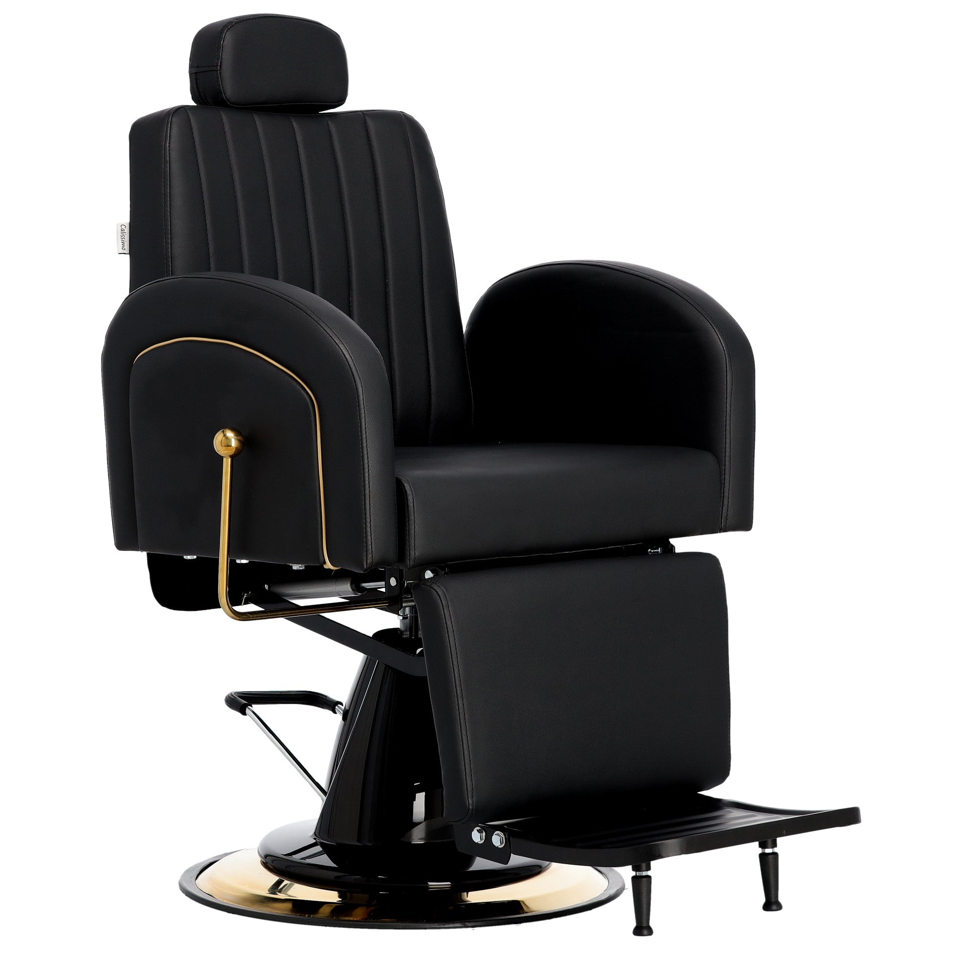 Scaun profesional pentru barber si frizerie Landon BarberKing de culoare neagra cu pompa hidraulica si detalii aurii.