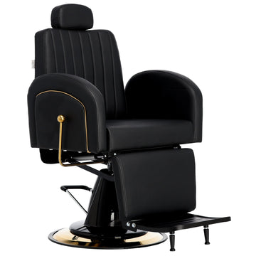 Scaun profesional pentru barber si frizerie Landon BarberKing de culoare neagra cu pompa hidraulica si detalii aurii.