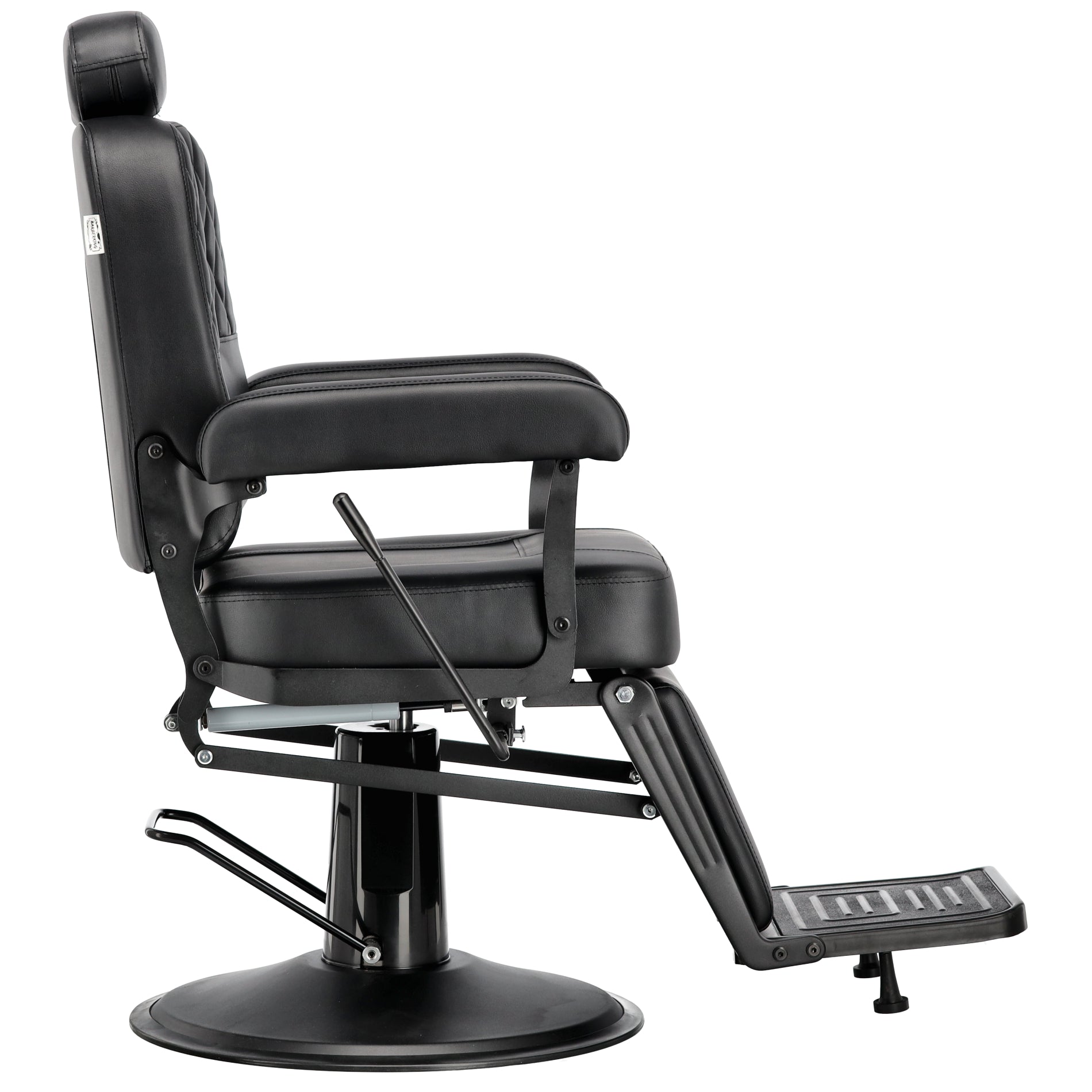 Scaun profesional de frizerie Barber Nestor vedere laterala cu tetiera reglabila si baza metalica stabila