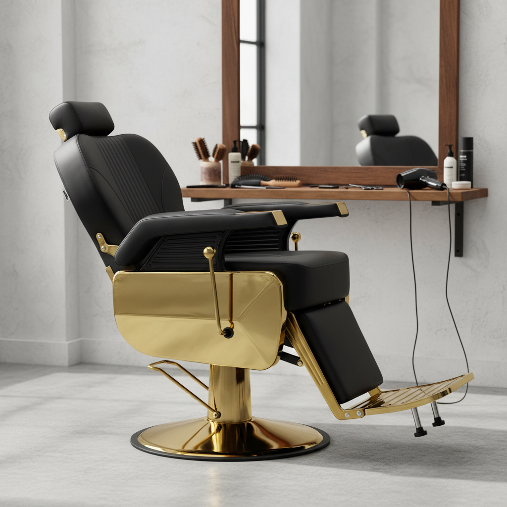 Scaun profesional de frizerie Richard Gold negru cu funcție hidraulică și design premium pentru barber shop