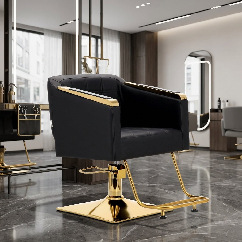 Scaunul profesional Pikos Negru Gold amplasat intr-un cadru elegant de barbershop modern.