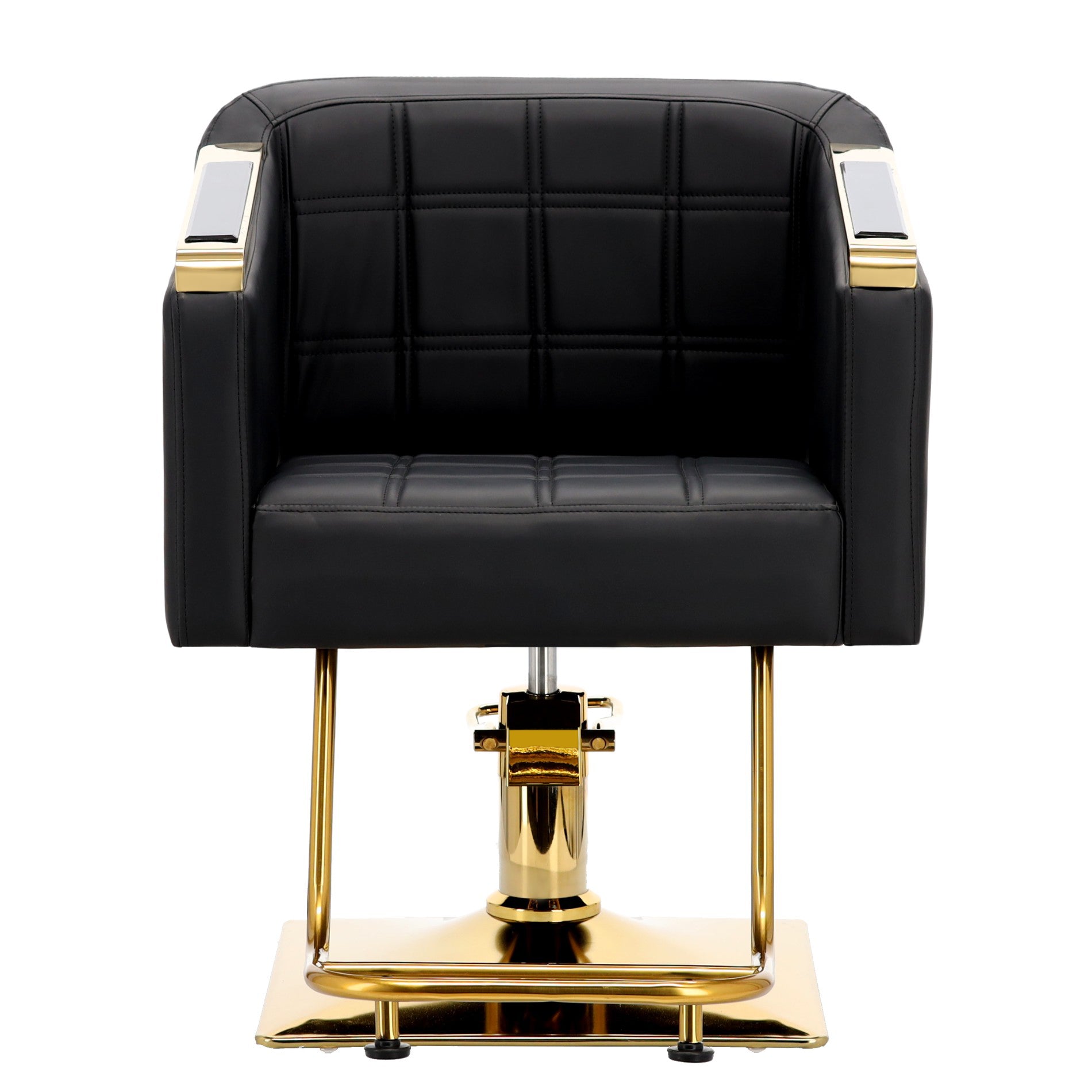 Vedere din fata a scaunului de frizerie Pikos Negru Gold, cu tapiterie din piele ecologica, spatar ergonomic si cotiere late cu insertii aurii.