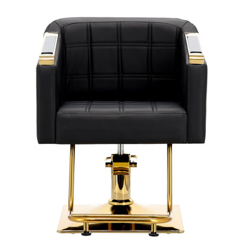 Vedere din fata a scaunului de frizerie Pikos Negru Gold, cu tapiterie din piele ecologica, spatar ergonomic si cotiere late cu insertii aurii.