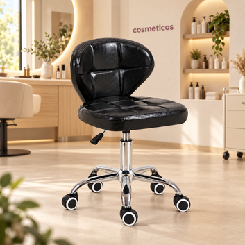 Scaun de lucru negru pentru salon, reglabil pe înălțime, cu bază cromată cu 5 picioare și roți alb-negru, prezentat într-un salon