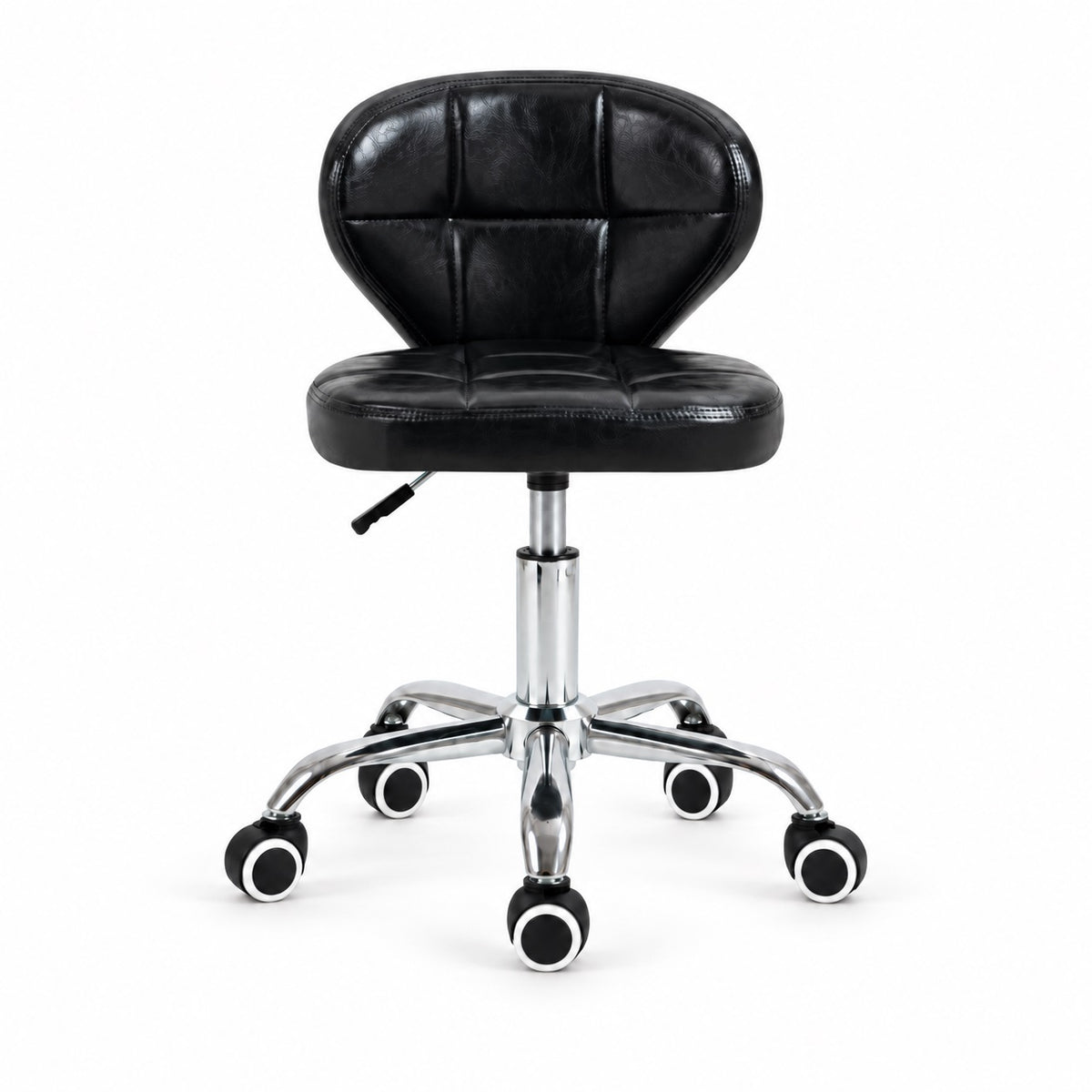 Scaun de lucru pentru salon, negru, reglabil pe înălțime, cu bază cromată cu 5 picioare și roți alb-negru, vedere frontală