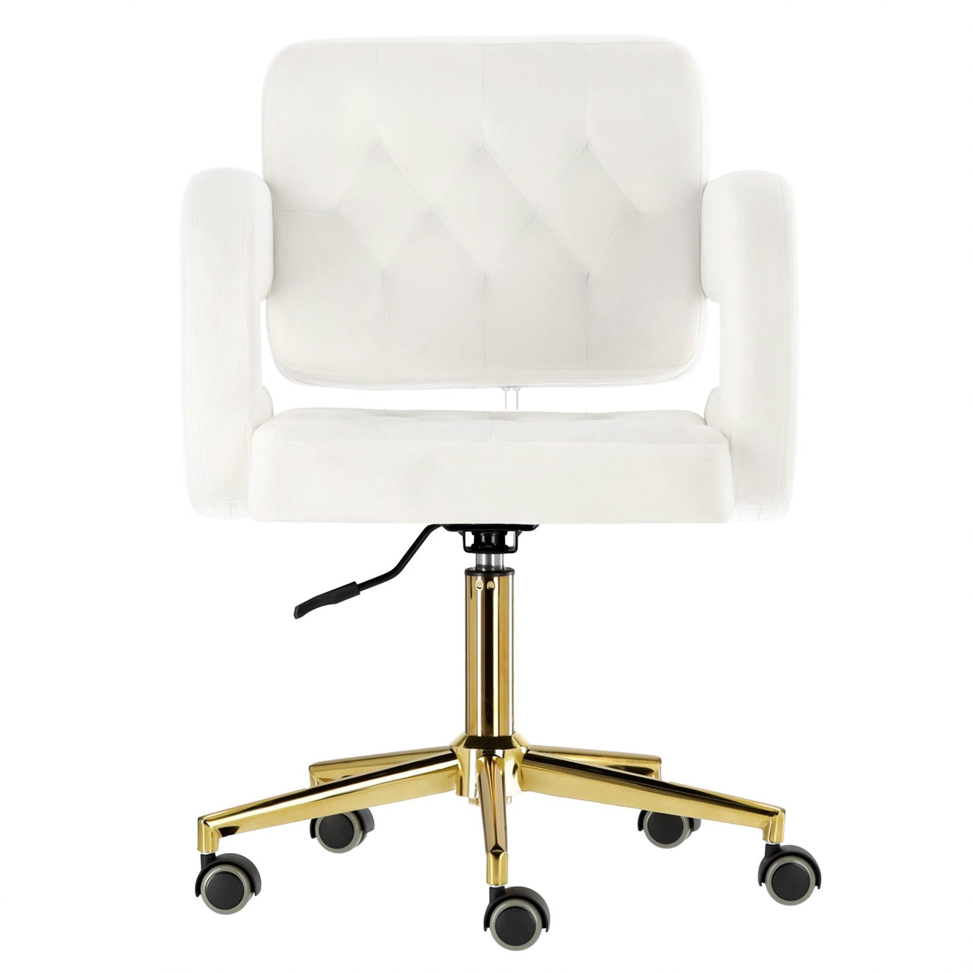 Scaun profesional coafor Amalfi White Velvet cu bază aurie și design ergonomic premium
