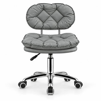 Scaun BUBBLE gri pentru salon, vedere frontală, cu tapițerie din piele ecologică și bază cromată cu roți