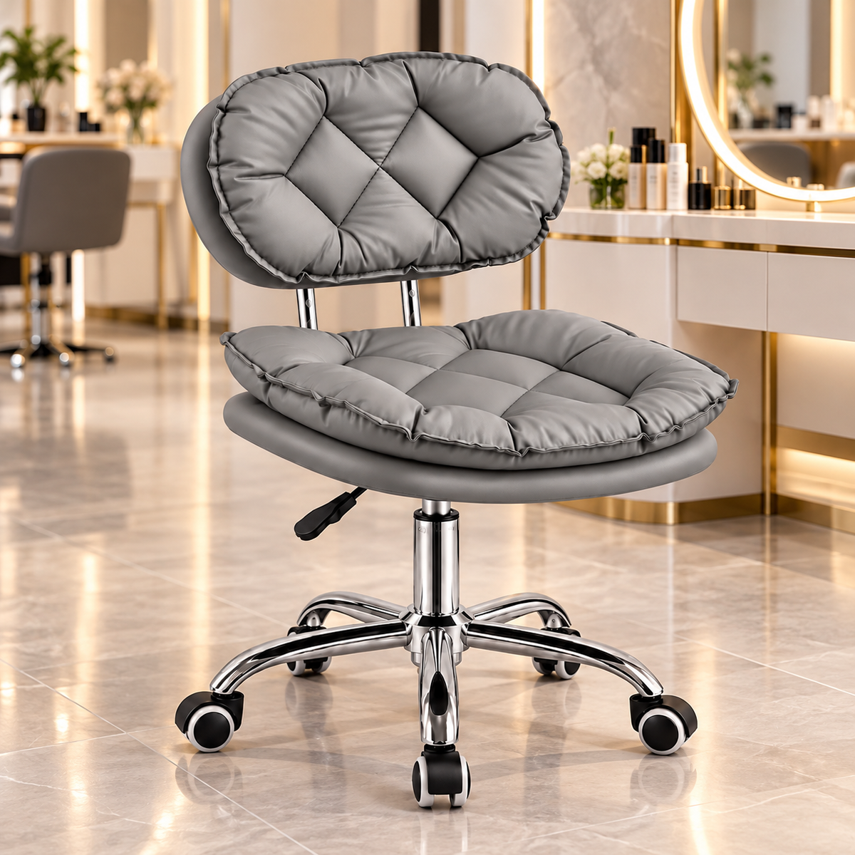 Scaun salon BUBBLE gri într-un salon beauty modern, potrivit pentru manichiură, cosmetică și make-up