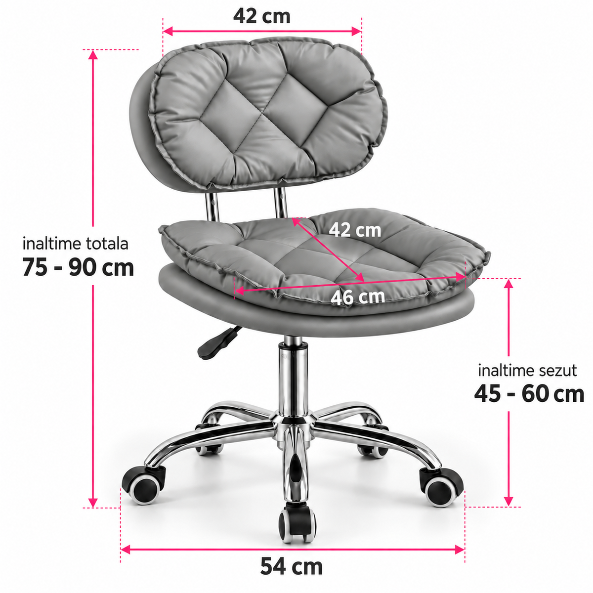 Dimensiuni scaun salon BUBBLE gri: înălțime 75-90 cm, șezut 46 x 42 cm, bază cromată de 54 cm