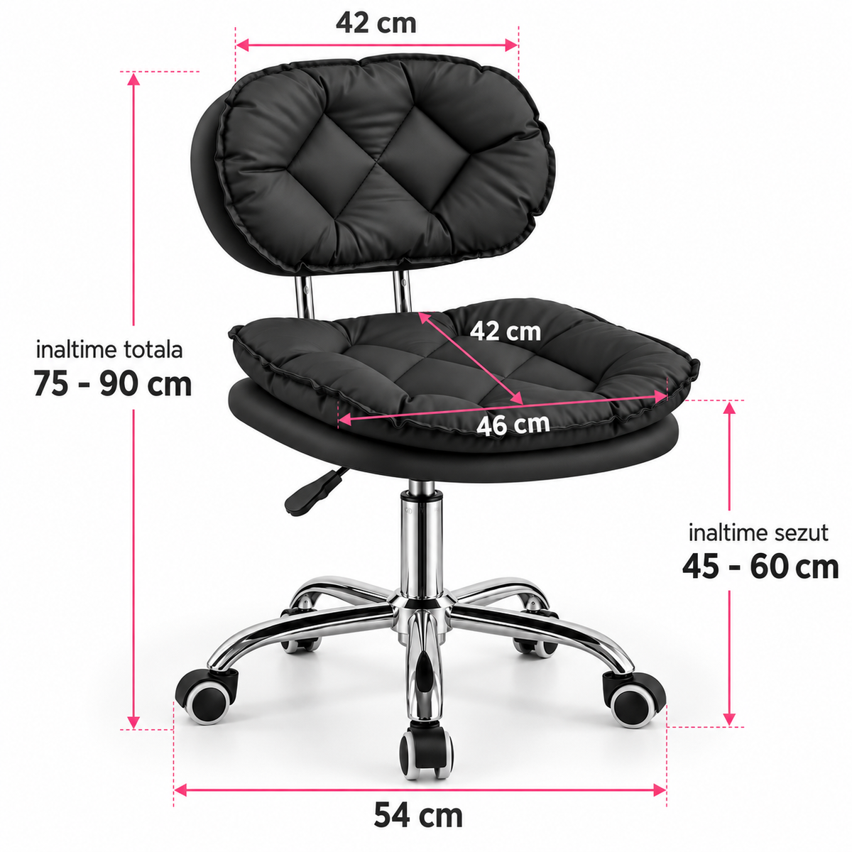 Dimensiuni Scaun Salon BUBBLE negru, rotativ si reglabil pe inaltime, cu baza cromata cu roti - Cosmeticos