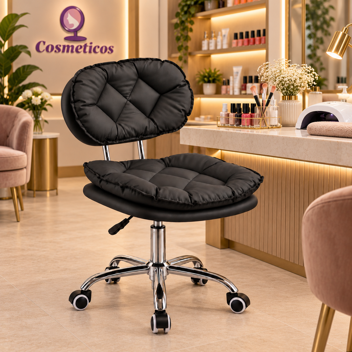 Scaun Salon BUBBLE negru intr-un salon de infrumusetare, rotativ si reglabil, pentru manichiura si cosmetica - Cosmeticos
