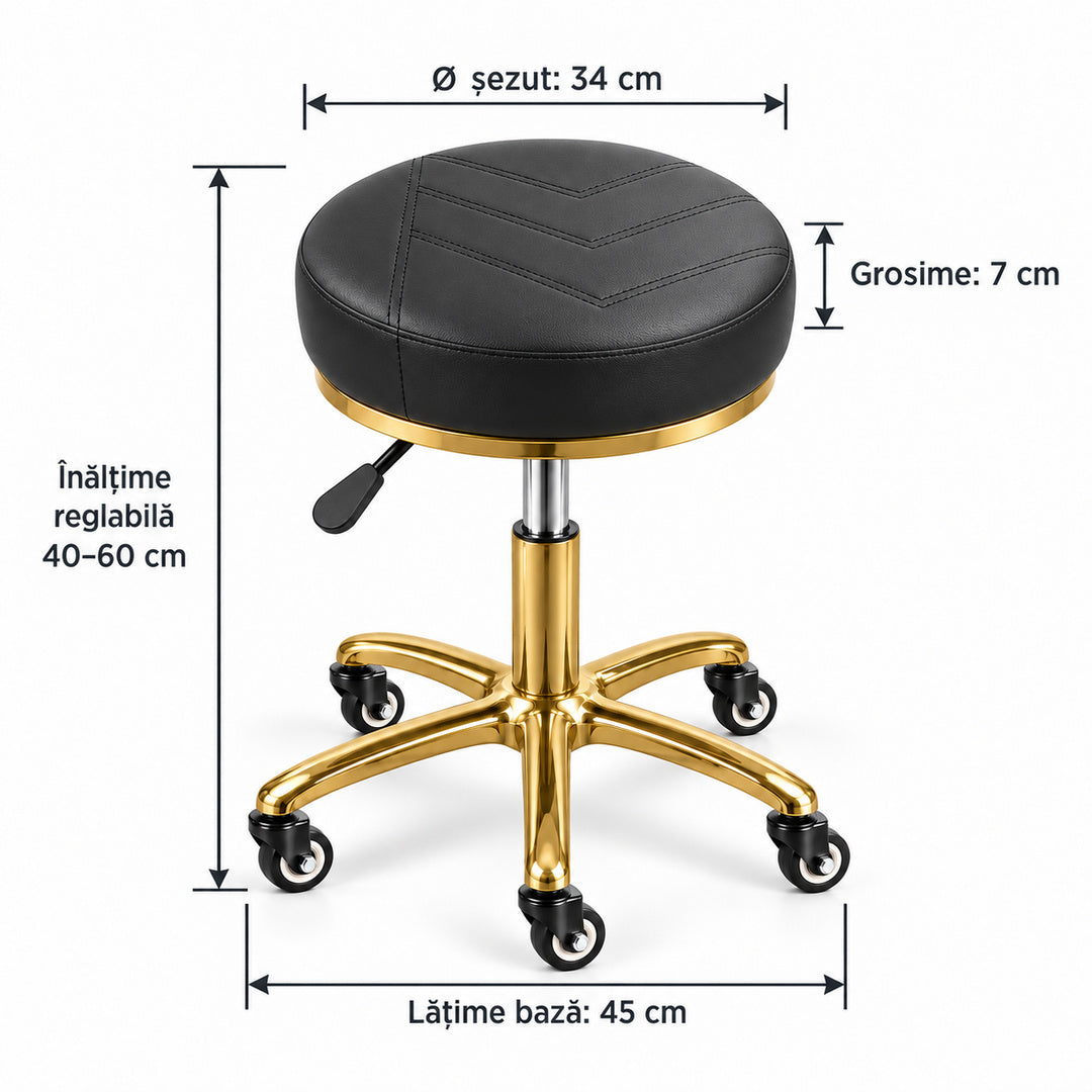 Dimensiuni scaun cosmetică DIVA Gold: înălțime reglabilă 40–60 cm, diametru șezut 34 cm, grosime șezut 7 cm și lățime bază 45 cm.