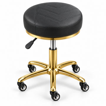 Scaun cosmetică DIVA Gold negru, cu șezut rotund cu cusături în V, bază aurie cu cinci roți și manetă neagră de reglare, pe fundal alb.