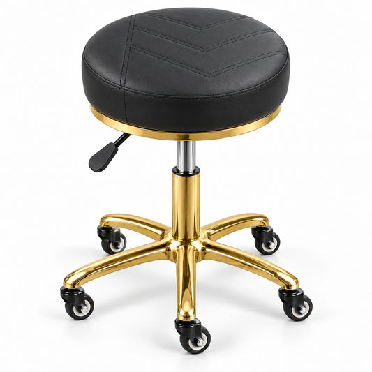 Scaun cosmetică DIVA Gold negru, cu șezut rotund cu cusături în V, bază aurie cu cinci roți și manetă neagră de reglare, pe fundal alb.