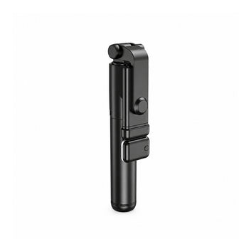 Selfie stick cu trepied pliabil, în poziție compactă, cu telecomanda Bluetooth montată pe mâner.

