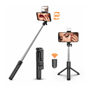 Selfie stick telescopic cu trepied și telecomandă Bluetooth, prezentat pliat și extins, cu suport pentru telefon rotativ la 360°.