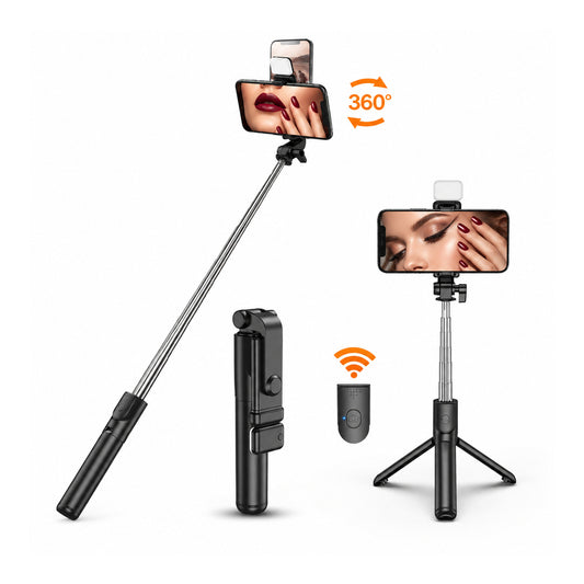 Selfie stick telescopic cu trepied și telecomandă Bluetooth, prezentat pliat și extins, cu suport pentru telefon rotativ la 360°.