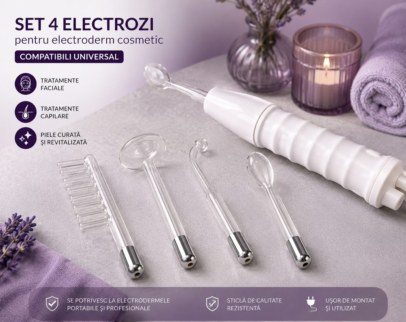 Set 4 electrozi universali pentru electroderm cosmetic profesional, compatibili cu majoritatea aparatelor de inalta frecventa, utilizati pentru tratamente faciale, tratamente capilare si ingrijirea pielii.