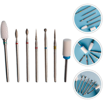 Cele 7 capete pentru freza electrica prezentate individual, inclusiv bituri ceramice si diamantate pentru cuticula si indepartarea materialului