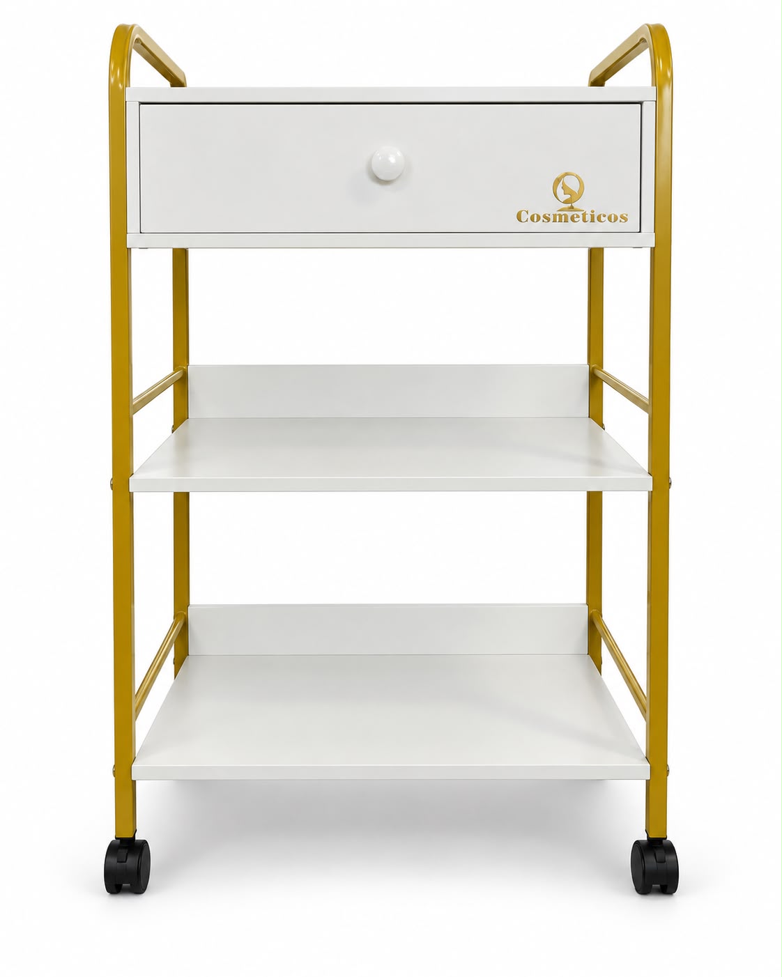 Statie mobila beauty ucenic profesional cu sertar ST015 gold alb organizator echipamente sertar ABS dimensiuni 510x340x830 mm spatiu lucru usor de igienizat vedere frontala