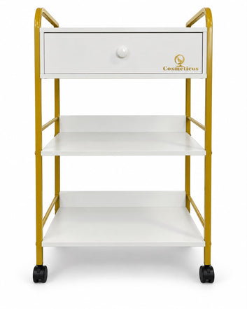 Statie mobila beauty ucenic profesional cu sertar ST015 gold alb organizator echipamente sertar ABS dimensiuni 510x340x830 mm spatiu lucru usor de igienizat vedere frontala