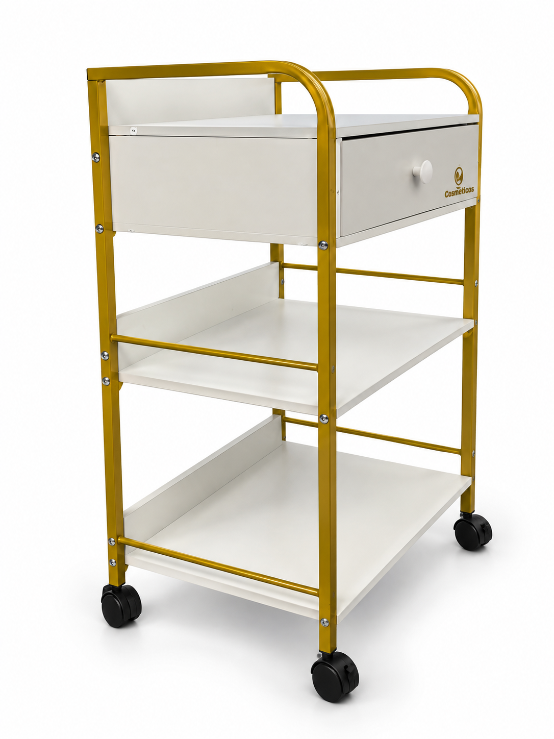 Statie mobila beauty ucenic profesional cu sertar ST015 gold alb vedere din unghi 3D cadru auriu si 2 rafturi deschise mobilier salon estetica