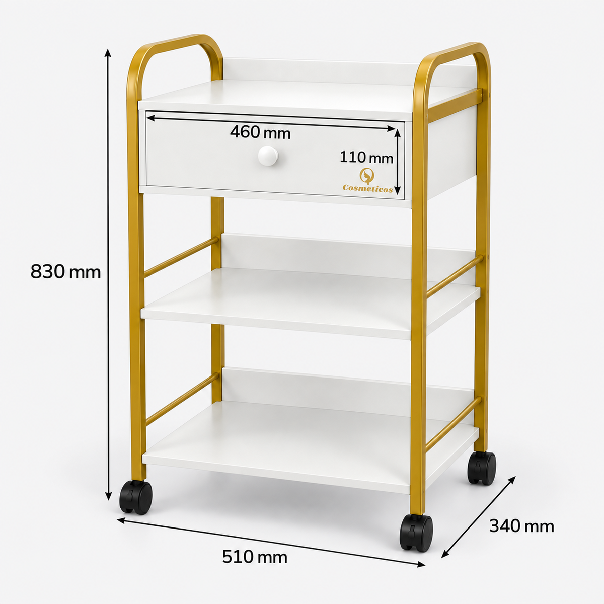 Statie mobila beauty ucenic profesional cu sertar ST015 gold alb schema dimensiuni 510x340x830 mm sertar 460x110 mm cote tehnice carucior salon estetica Cosmeticos