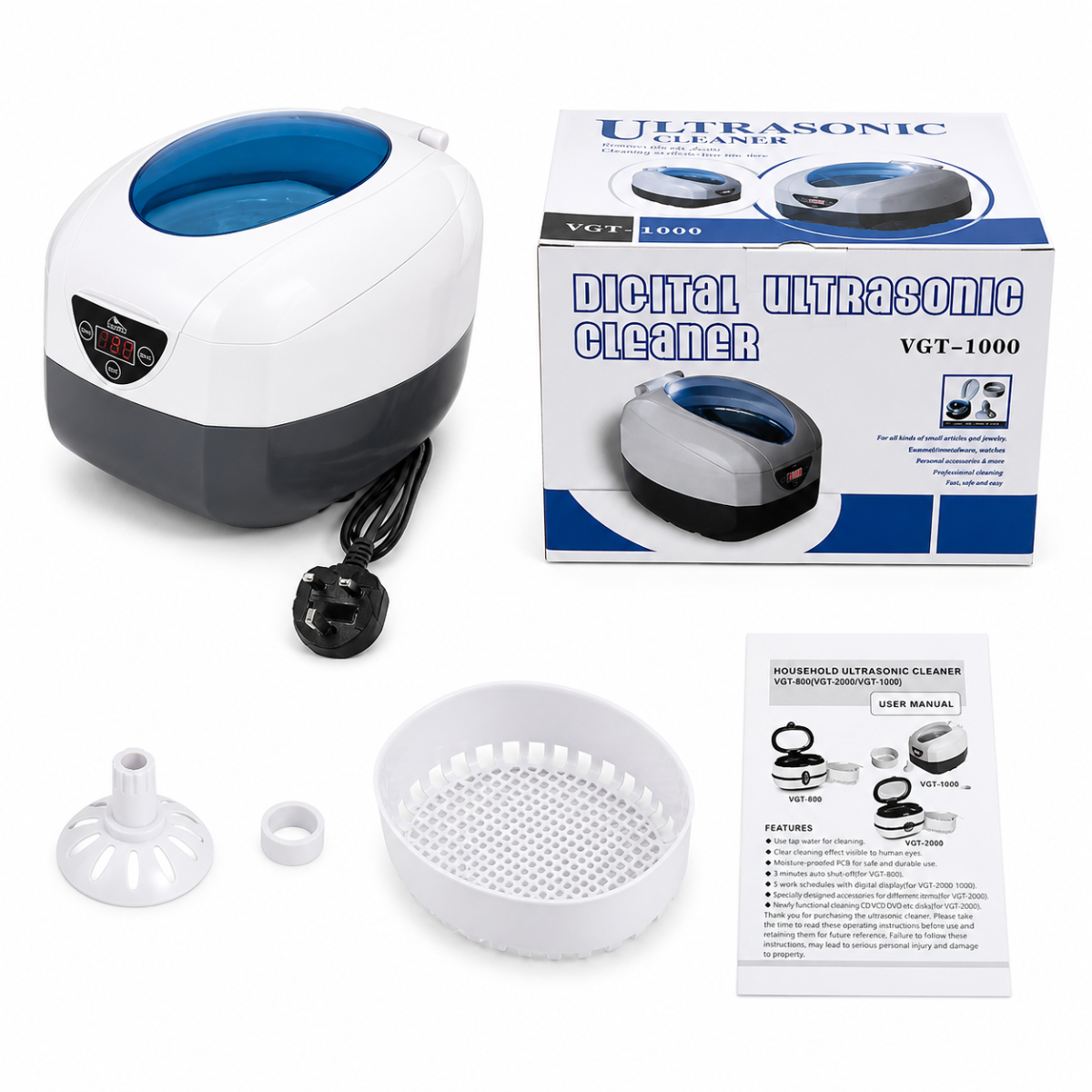 Continutul pachetului sterilizatorului digital VGT-1000: aparat cu ultrasunete, cutie de ambalaj, cos din plastic, suport discuri si manual.