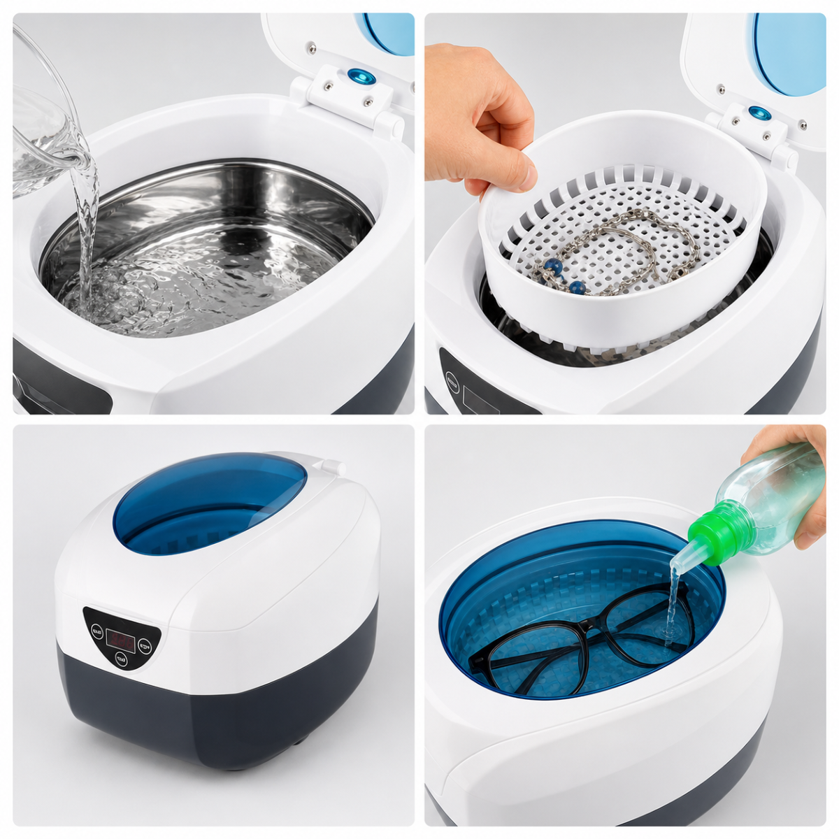 Ghid ilustrat cu pasii de utilizare ai sterilizatorului cu ultrasunete: adaugare apa, introducere cos cu instrumente si curatare ochelari sau accesorii.