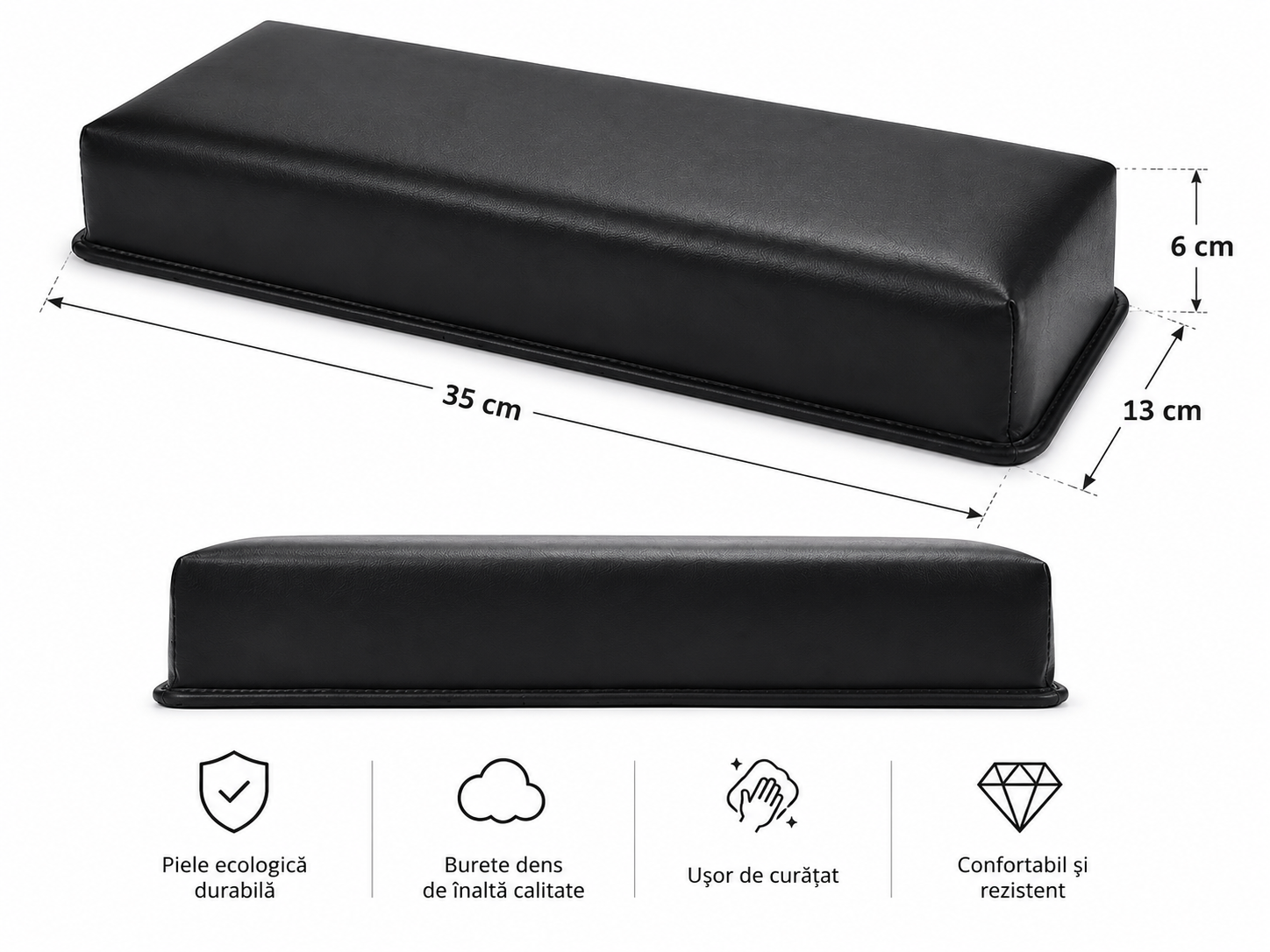 Suport pentru mana de manichiura din piele ecologica neagra, cu dimensiuni compacte si design ergonomic