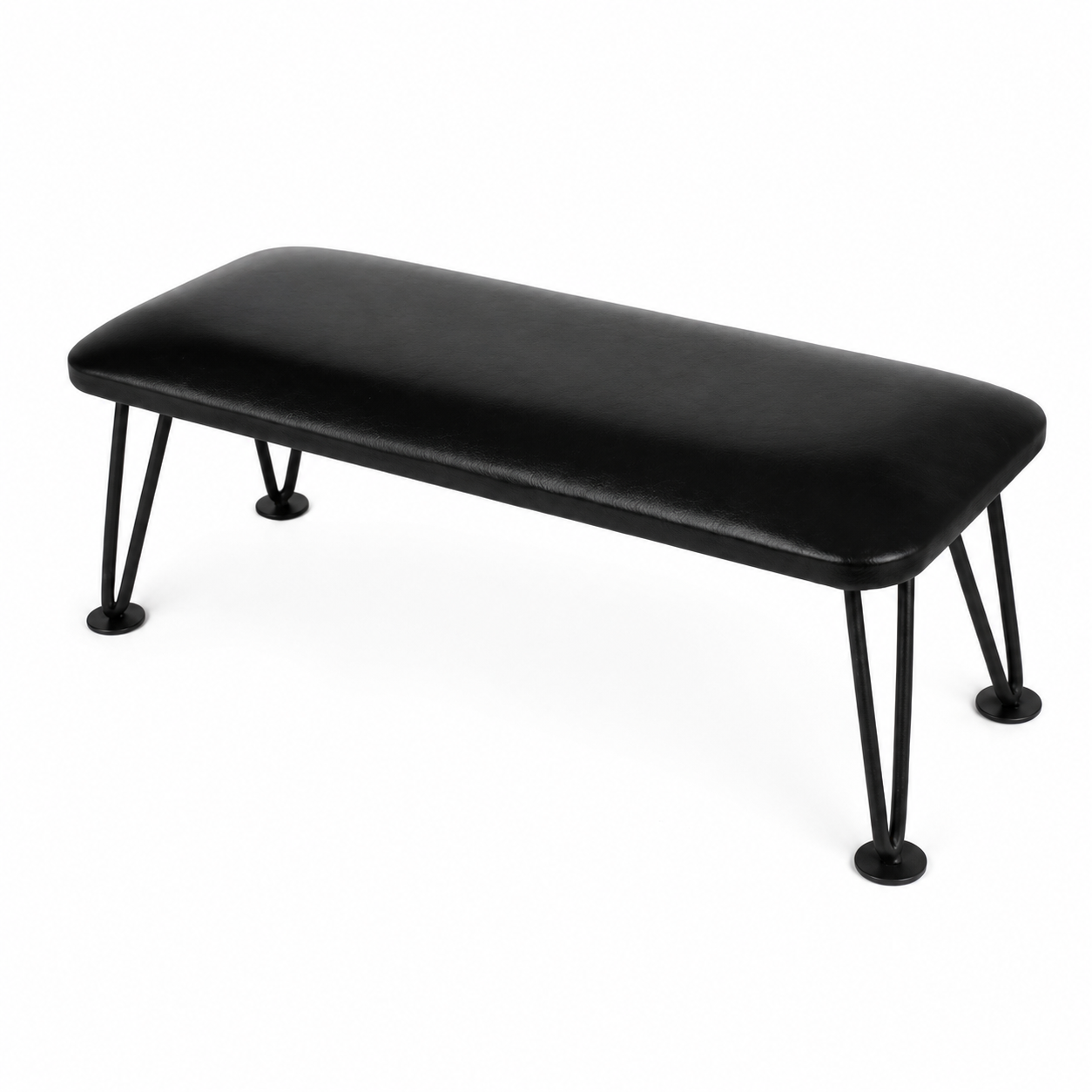 Suport profesional pentru mana in timpul manichiurii, cu perna neagra din piele ecologica si picioare metalice stil hairpin, prezentat din profil pe fundal alb.